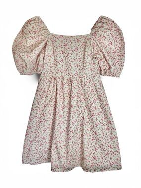 Copper Key White Floral Puff-Sleeve Mini Dress with Pink Roses Size Small